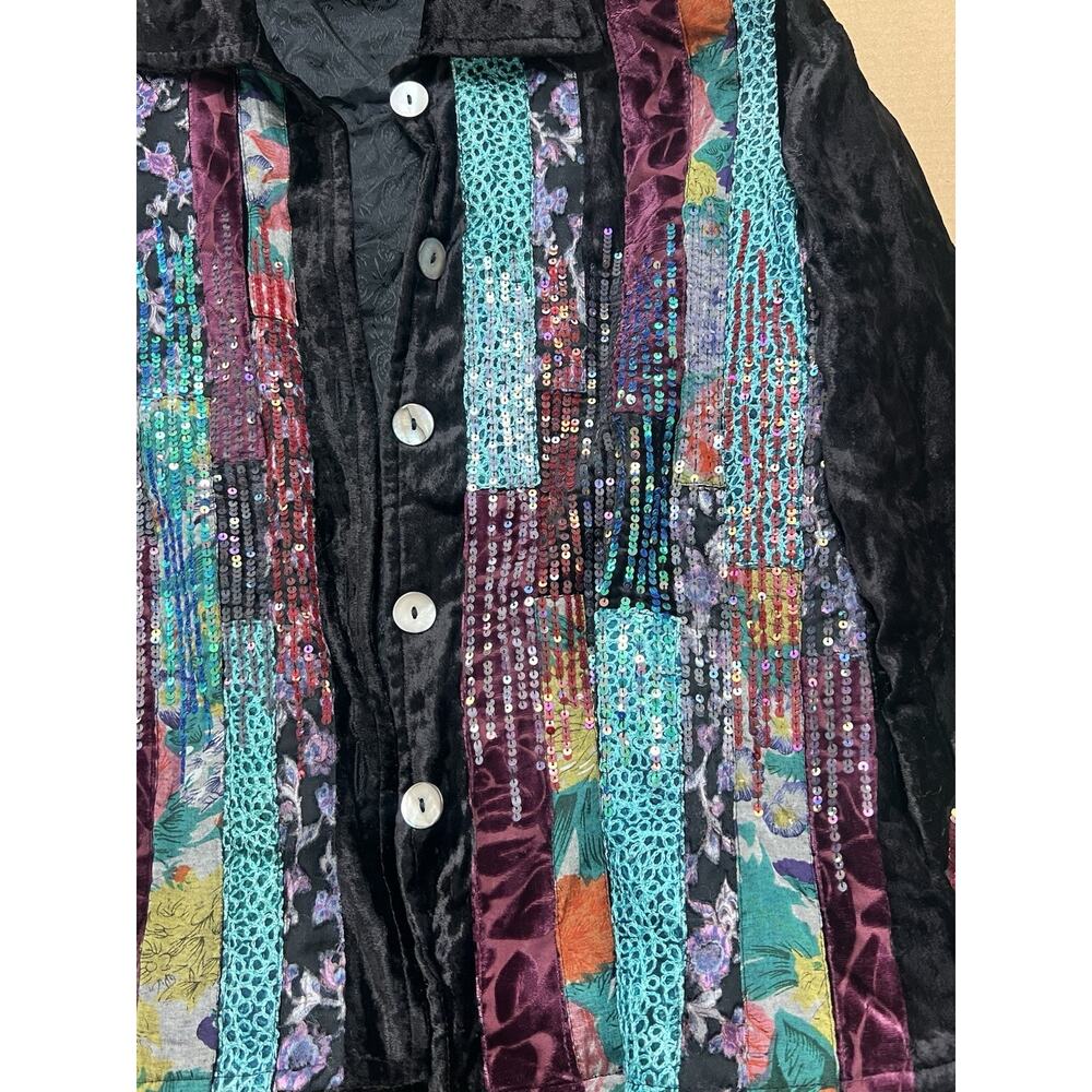 YakMagik Velvet Sequin Patchwork Jacket Women Large Nepal Button Front Boho Art - Picture 3 of 8